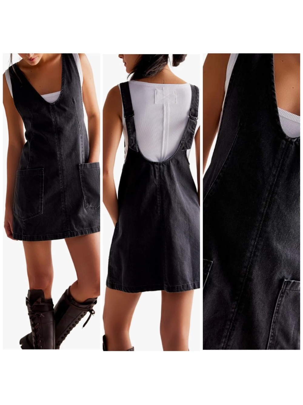 Free People Black Denim Pinafore Mini Dress